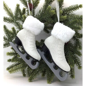 White Glistening Skate Christmas Tree Ornaments-Winter Wonderland Fur Faux